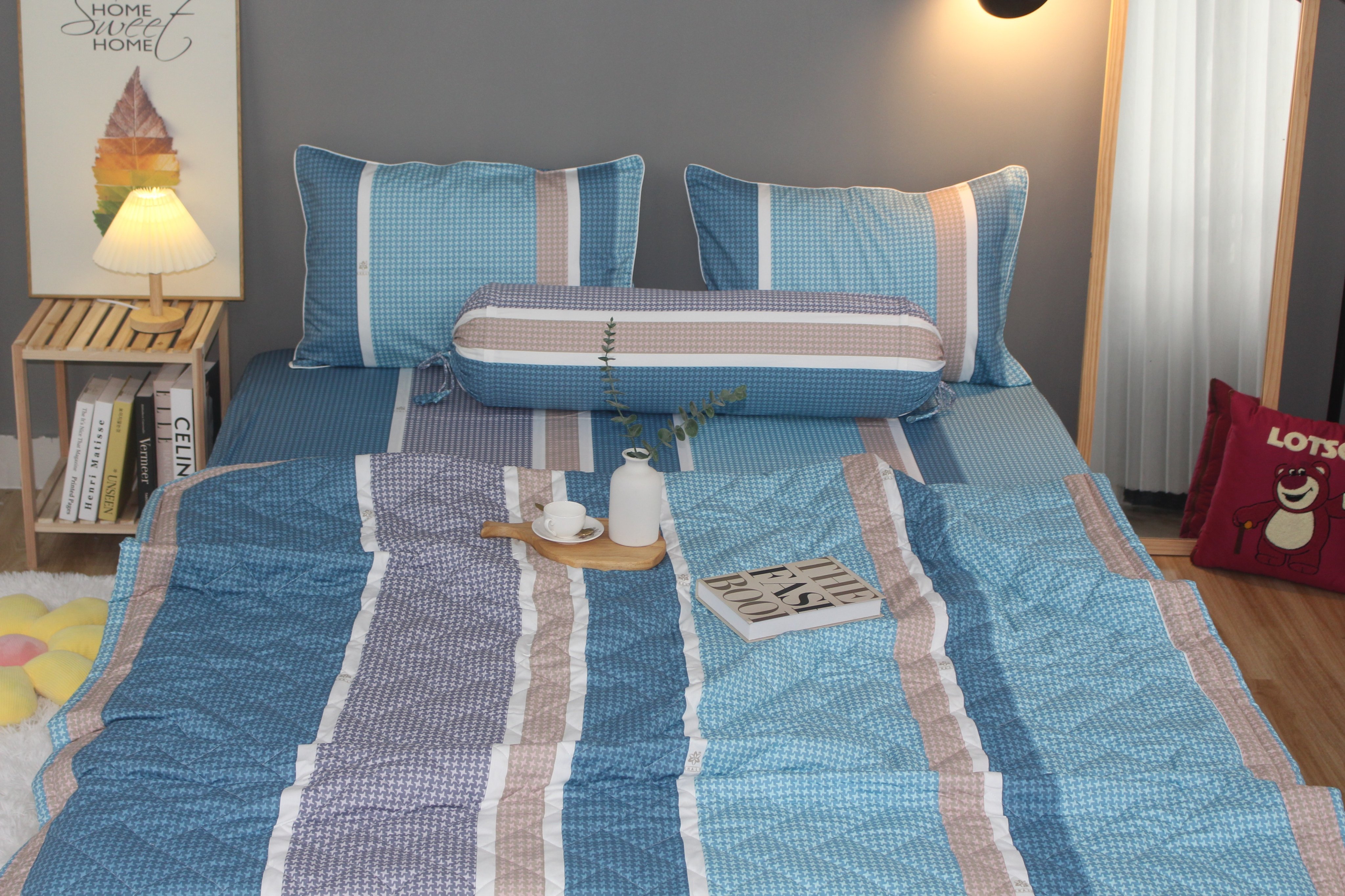 Bộ drap gối KHA LY - 100% cotton thiên nhiên Sọc Nhí-Xanh