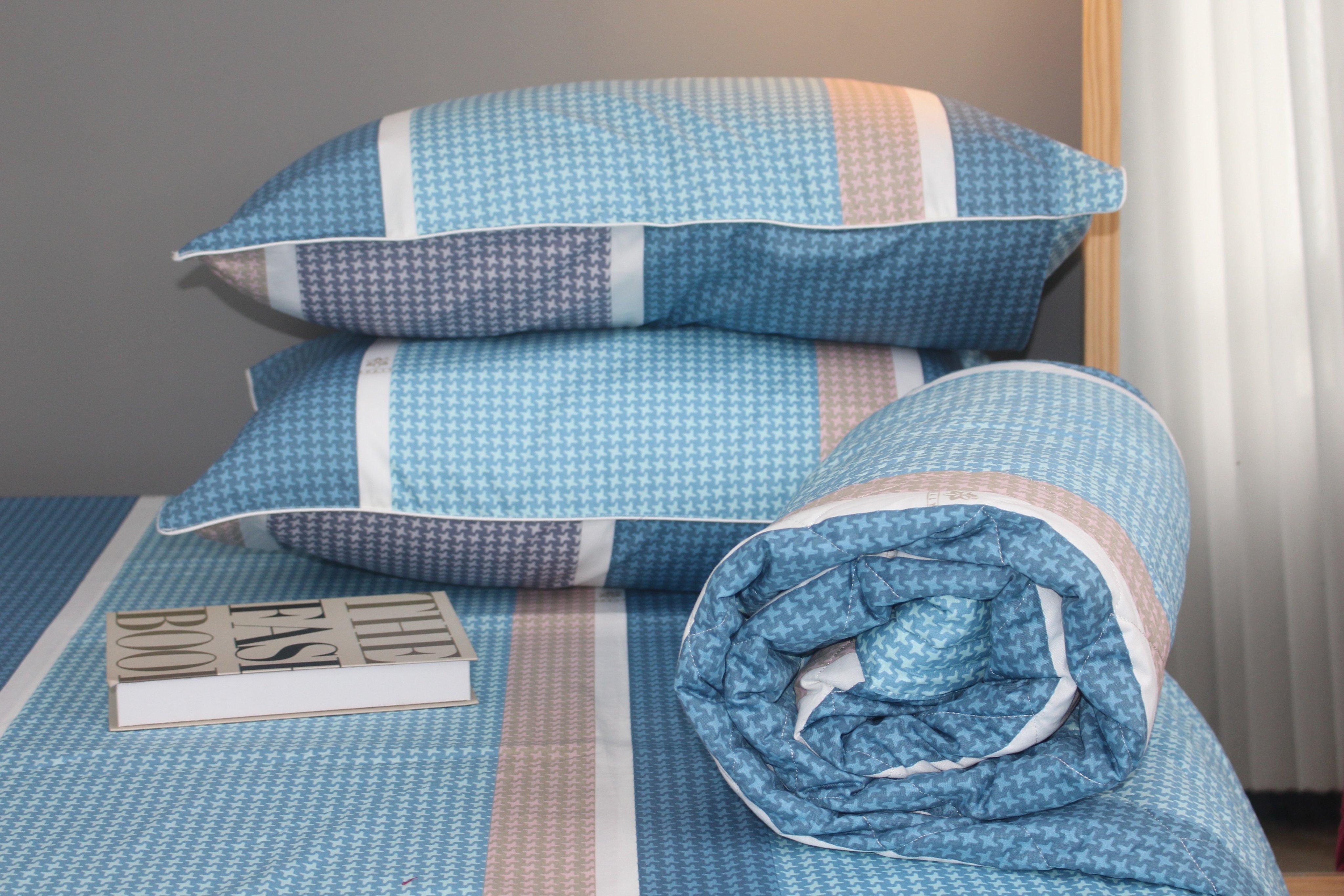 Bộ drap gối KHA LY - 100% cotton thiên nhiên Sọc Nhí-Xanh