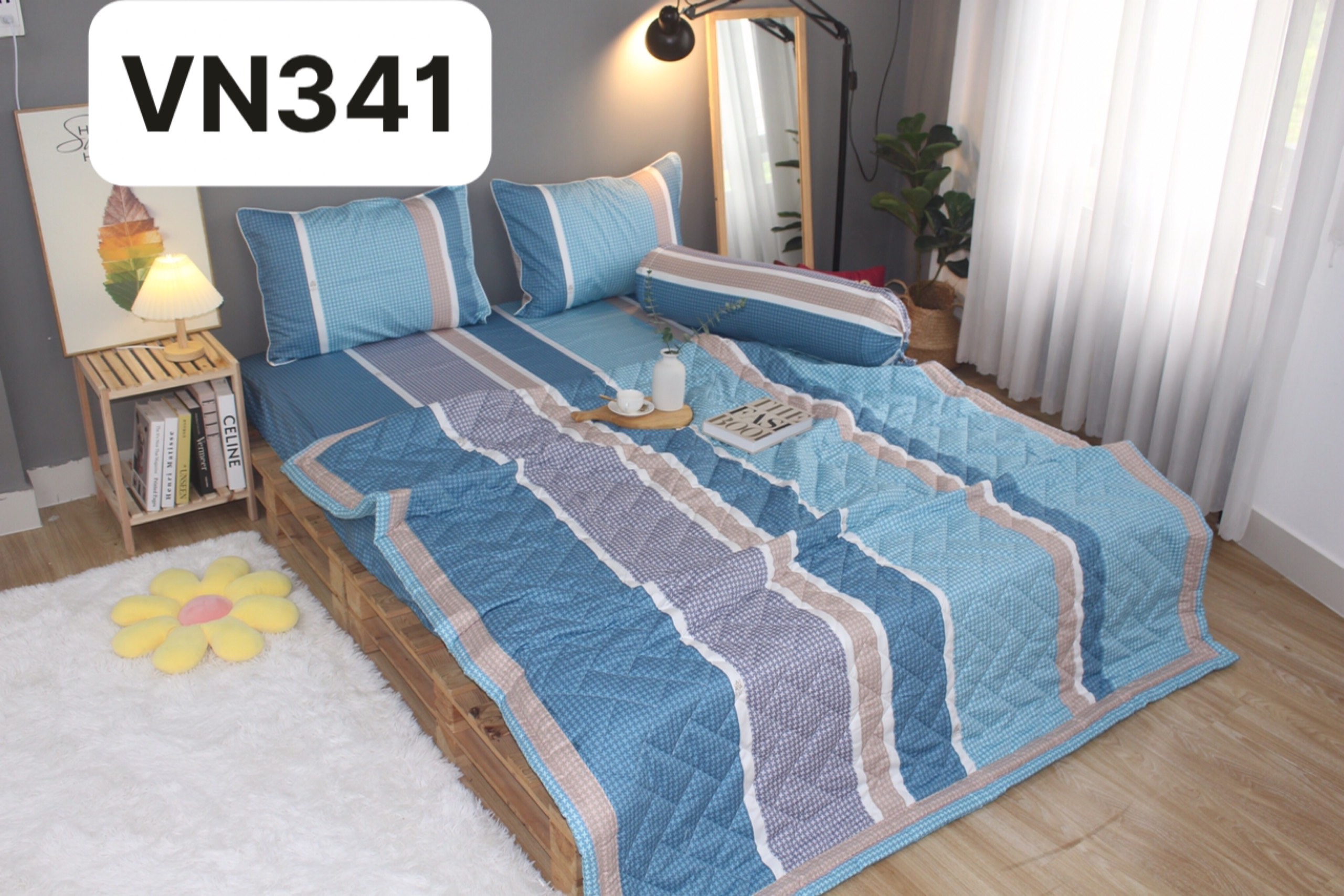 Bộ drap gối KHA LY - 100% cotton thiên nhiên Sọc Nhí-Xanh