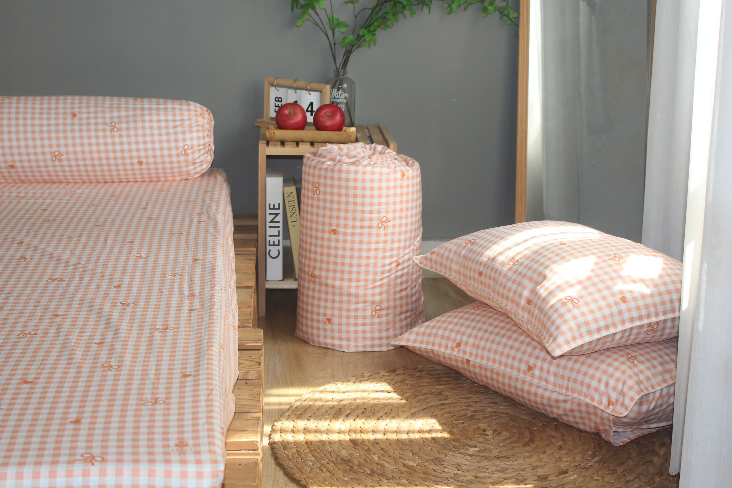 Bộ drap gối KHA LY - 100% cotton thiên nhiên Caro Nơ-Cam