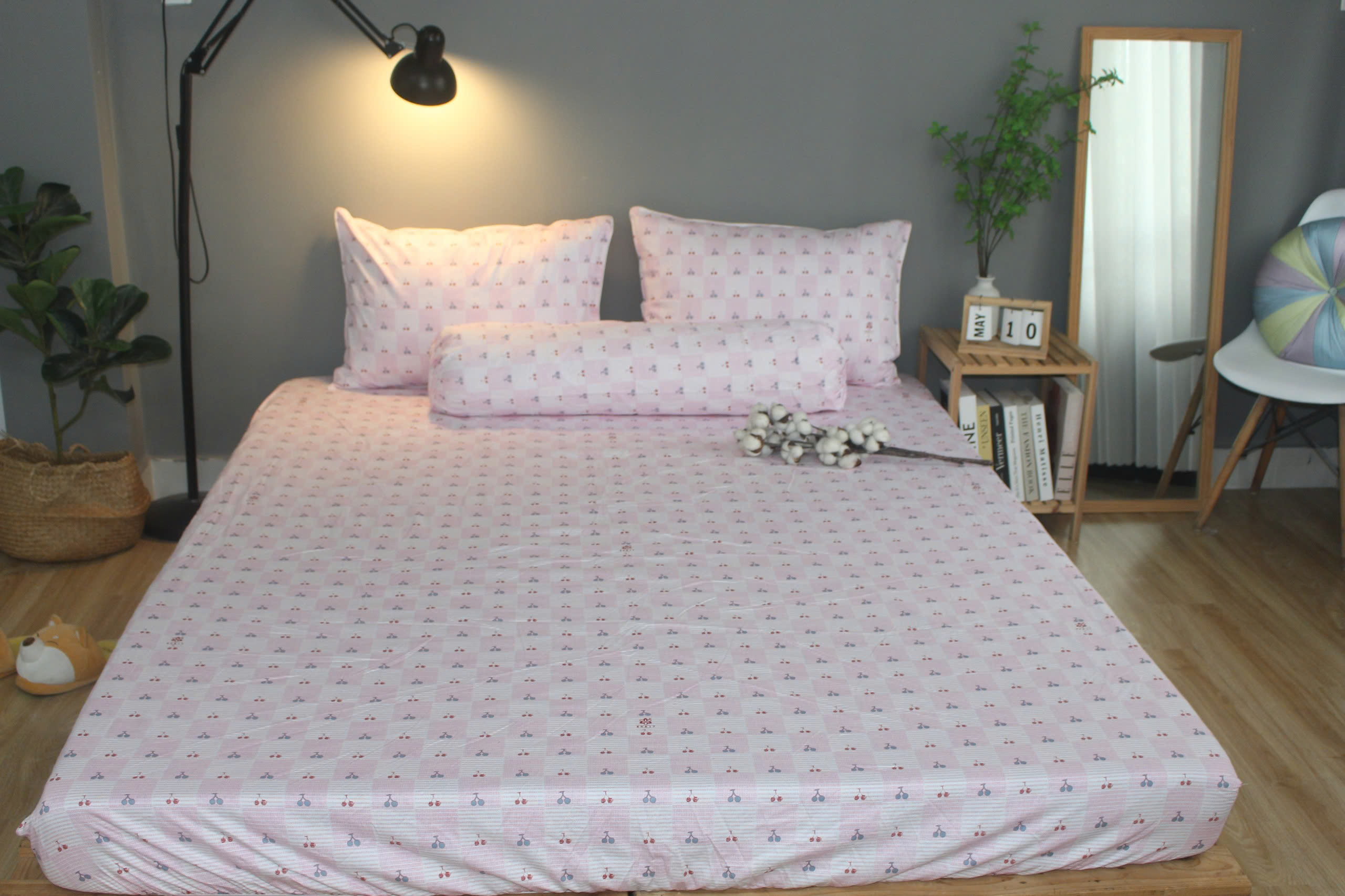 Bộ drap gối KHA LY - 100% cotton thiên nhiên Cherry Hồng