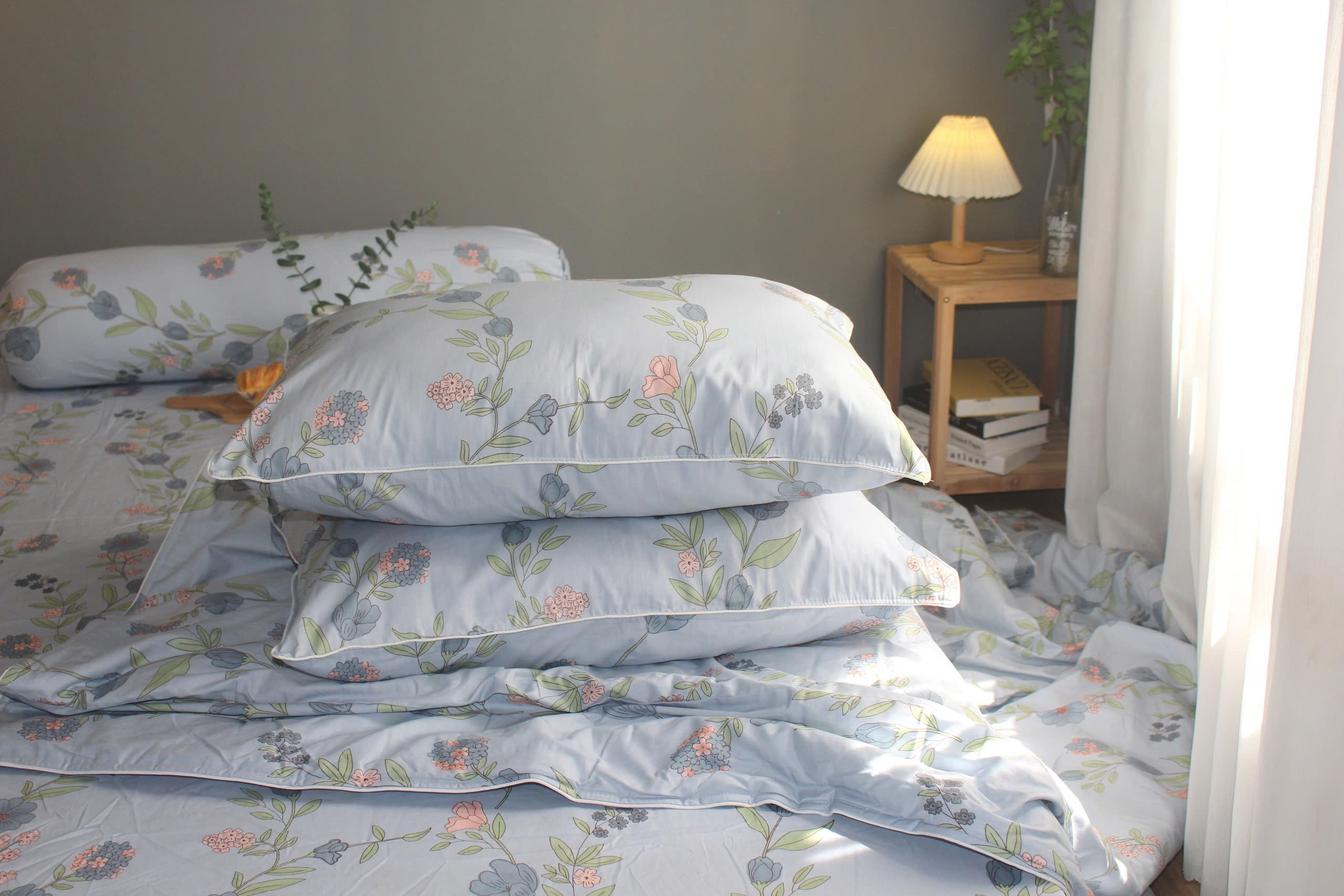 Bộ drap gối KHA LY - 100% cotton thiên nhiên Dây Leo-Xanh Xám