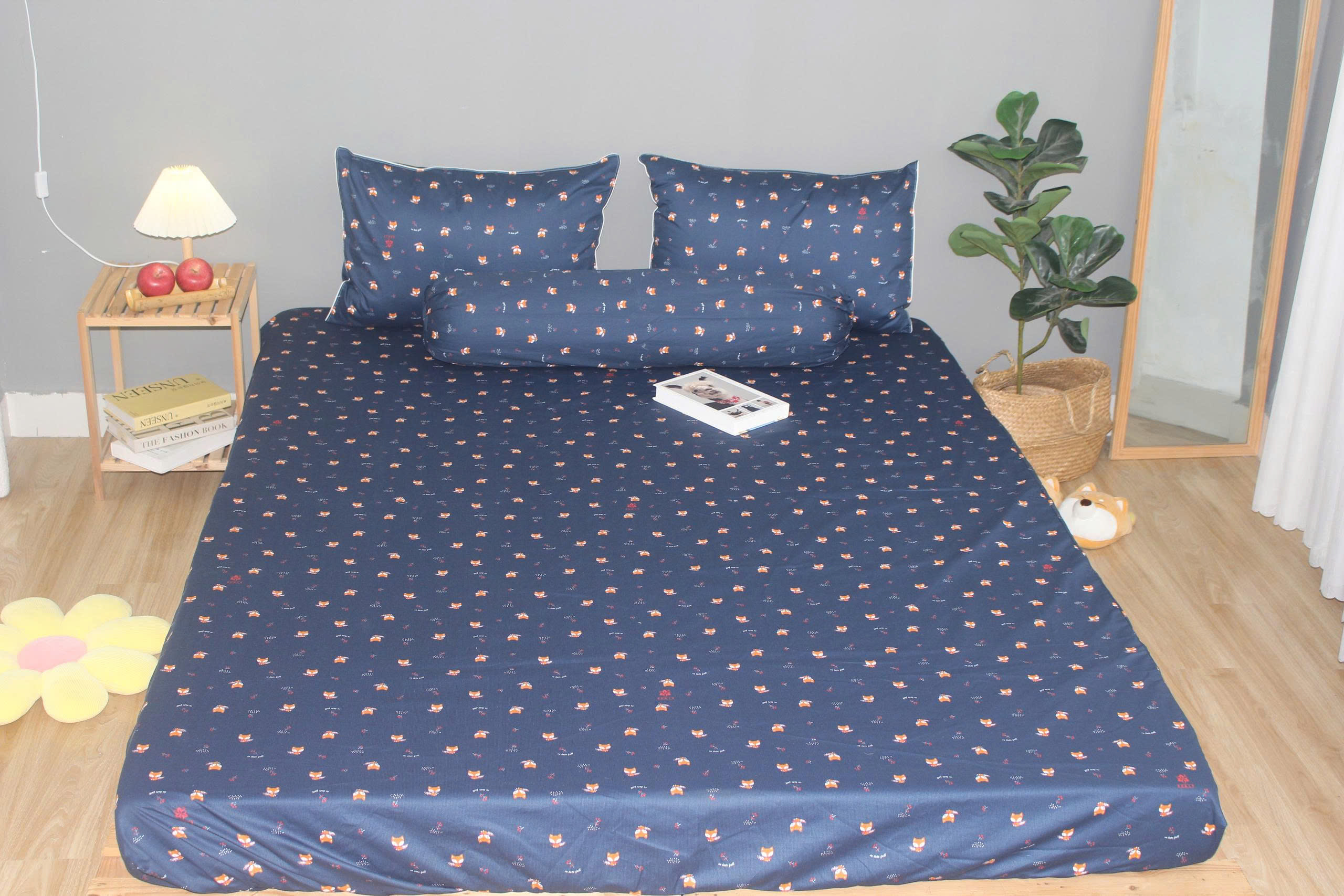 Bộ drap gối KHA LY - 100% cotton thiên nhiên Cáo Xanh