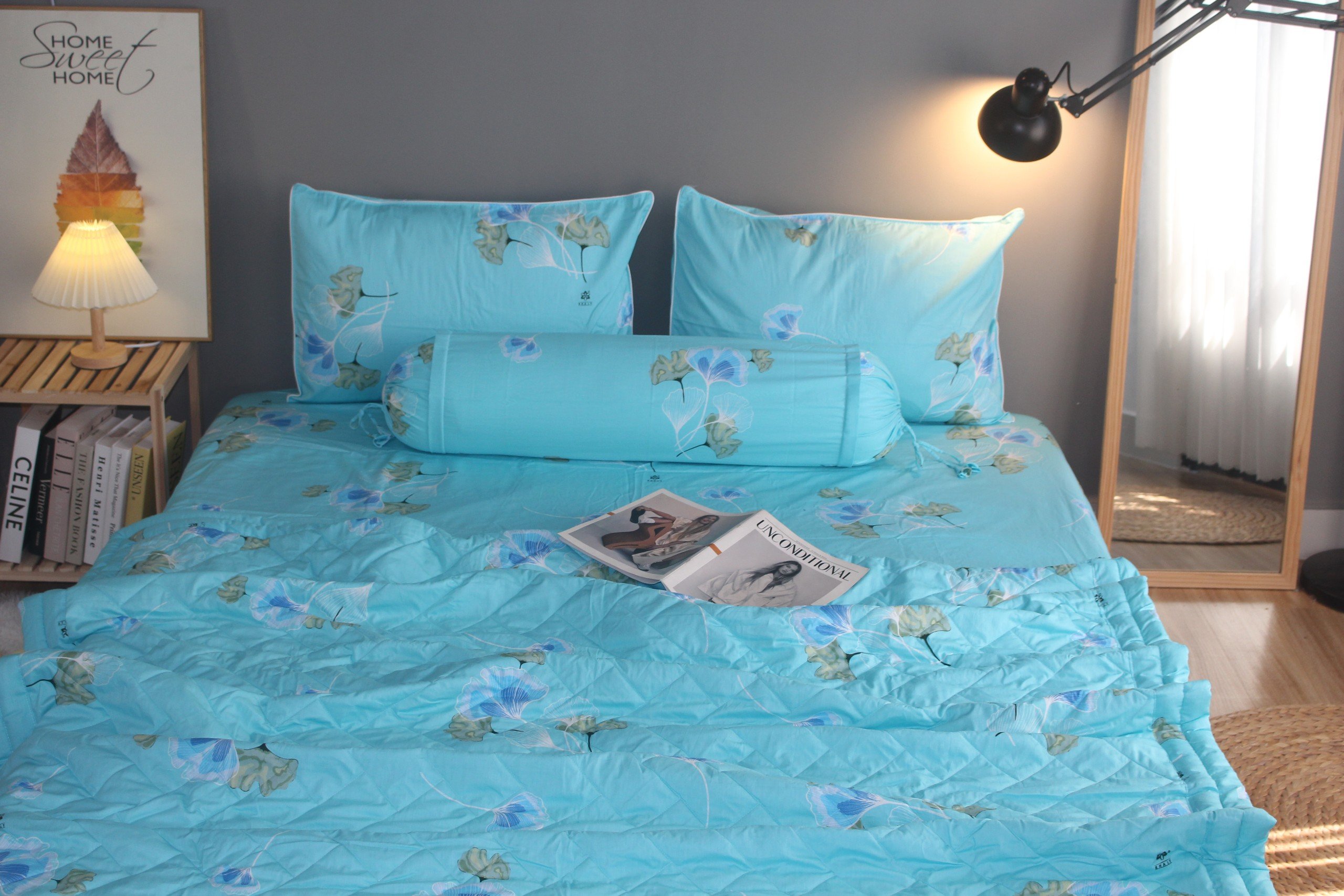 Bộ drap gối KHA LY - 100% cotton thiên nhiên Rau Má-Xanh Ngọc