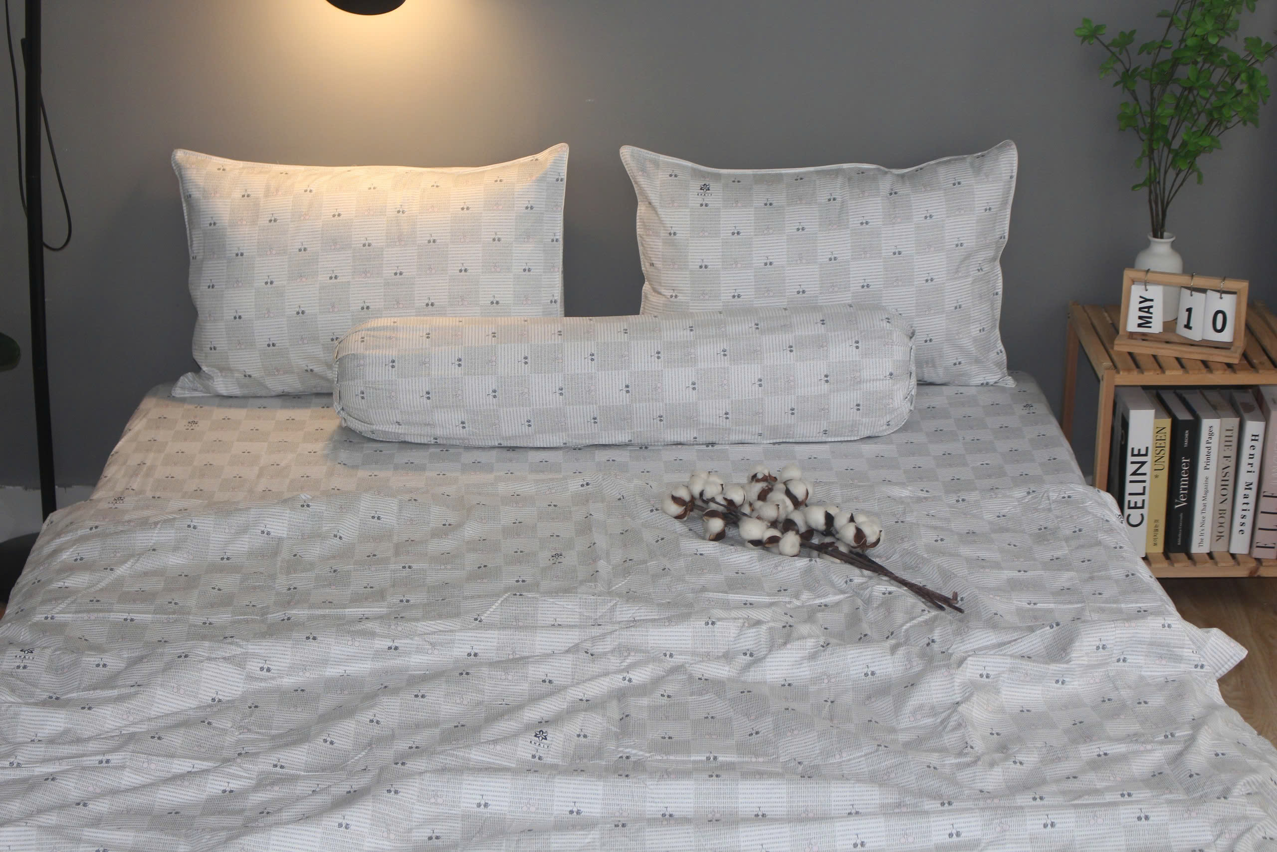 Bộ drap gối KHA LY - 100% cotton thiên nhiên Cherry Xám