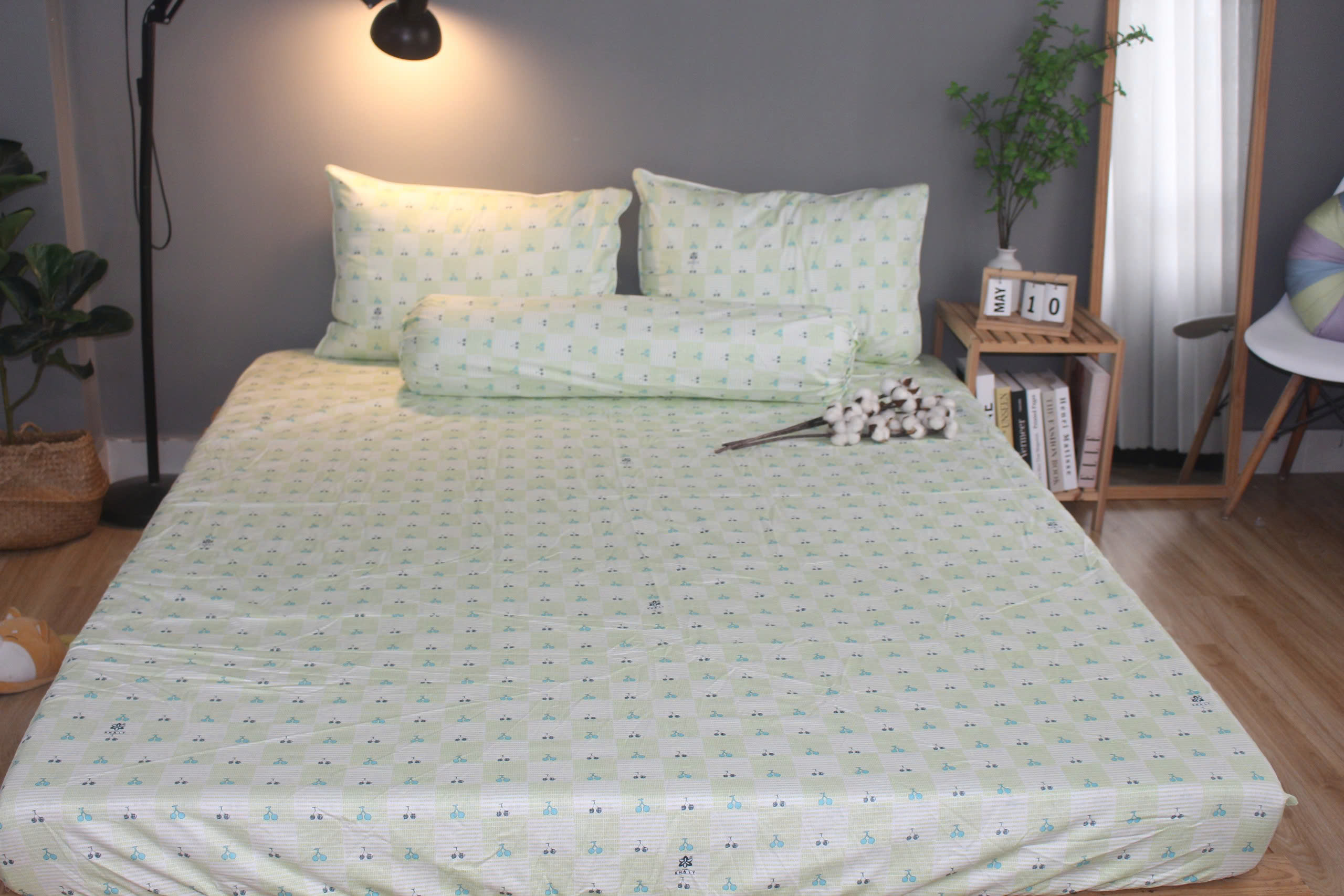 Bộ drap gối KHA LY - 100% cotton thiên nhiên Cherry Xanh Lá