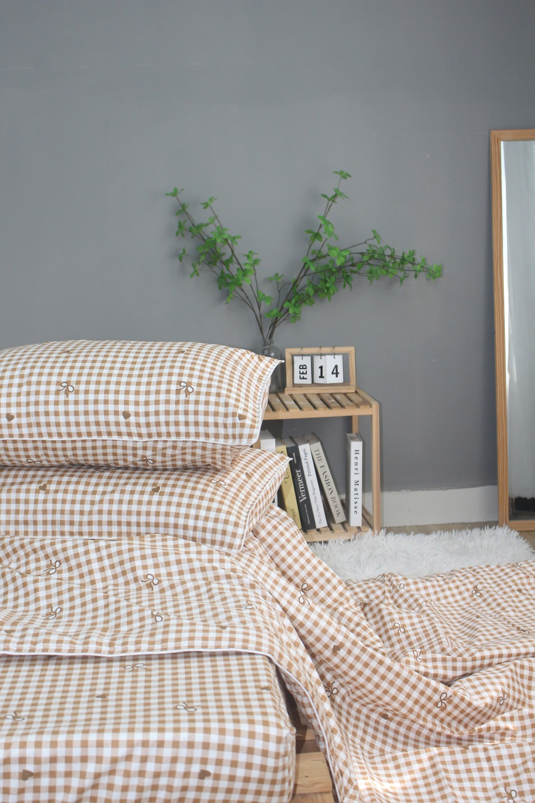 Bộ drap gối KHA LY - 100% cotton thiên nhiên Caro Nơ-nâu