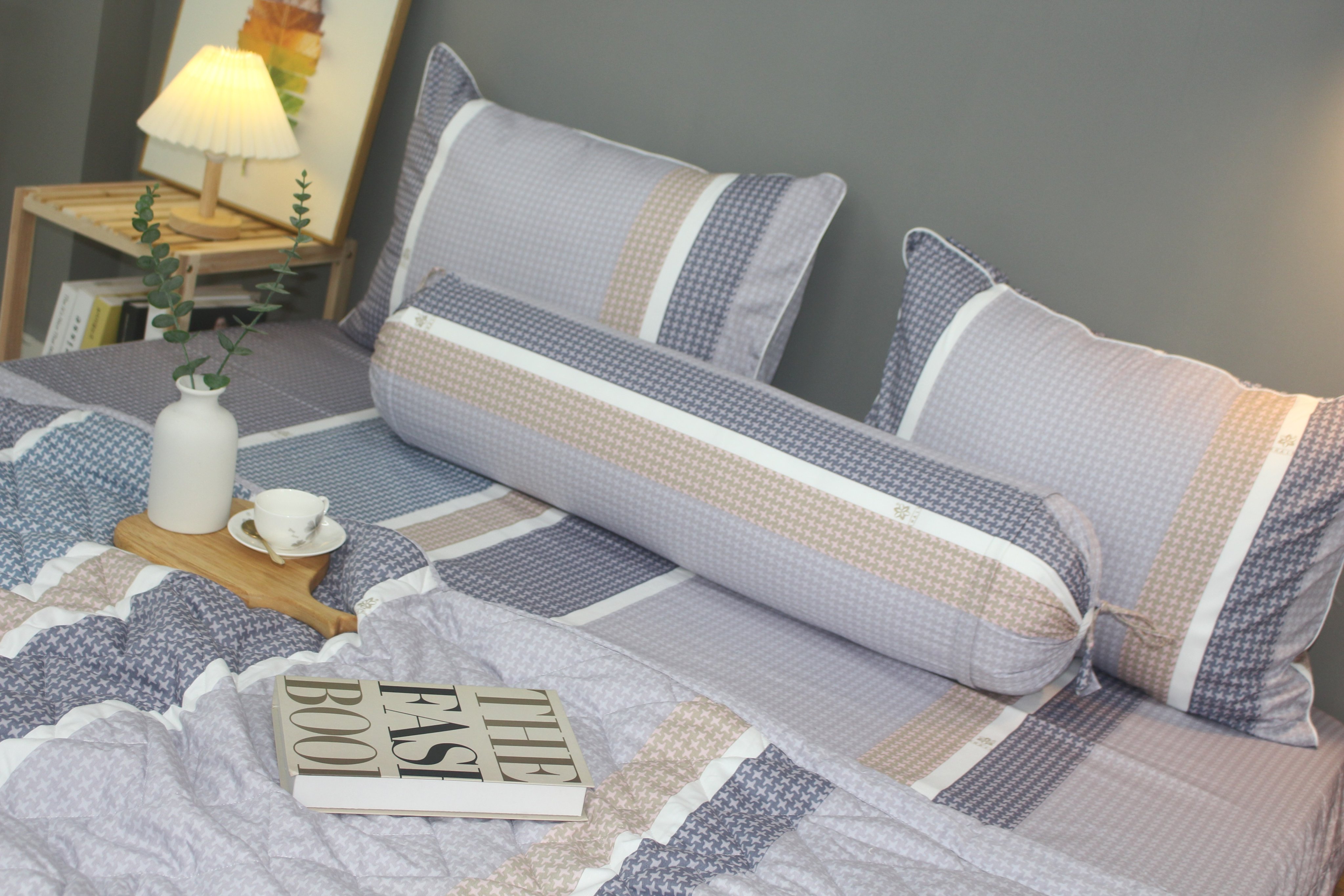 Bộ drap gối KHA LY - 100% cotton thiên nhiên Sọc Nhí-Xám