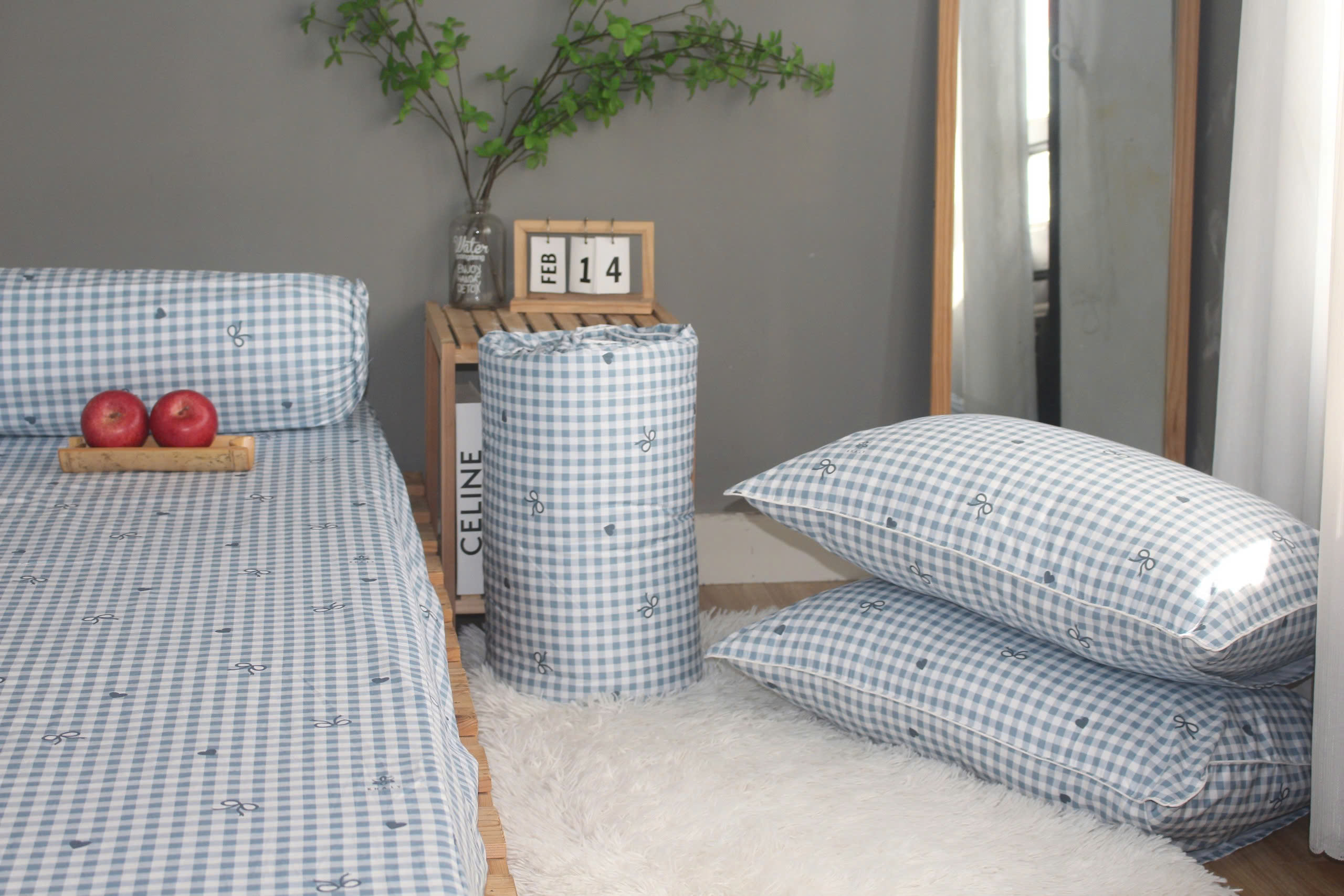 Bộ drap gối KHA LY - 100% cotton thiên nhiên Caro Nơ-Xanh Biển