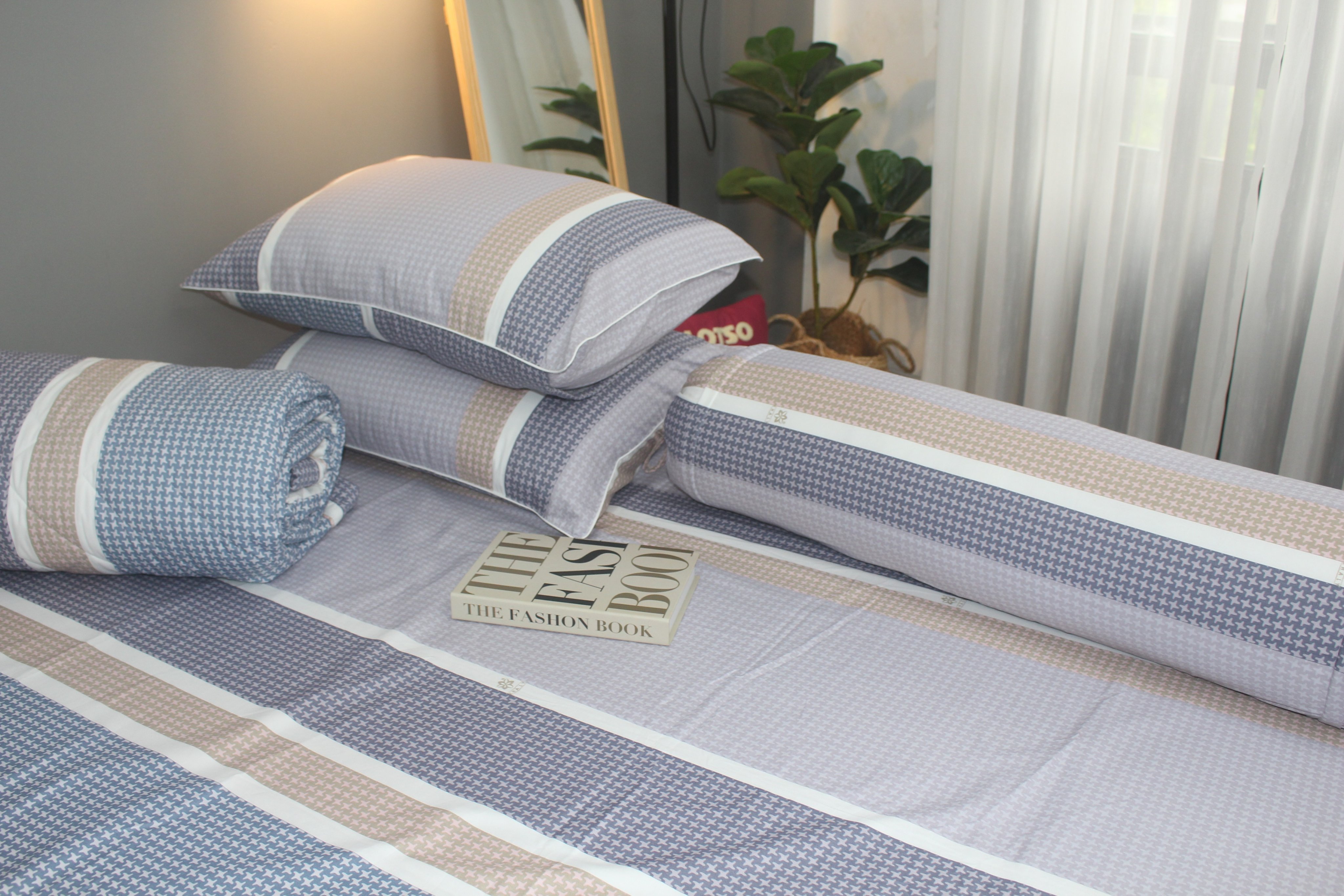 Bộ drap gối KHA LY - 100% cotton thiên nhiên Sọc Nhí-Xám