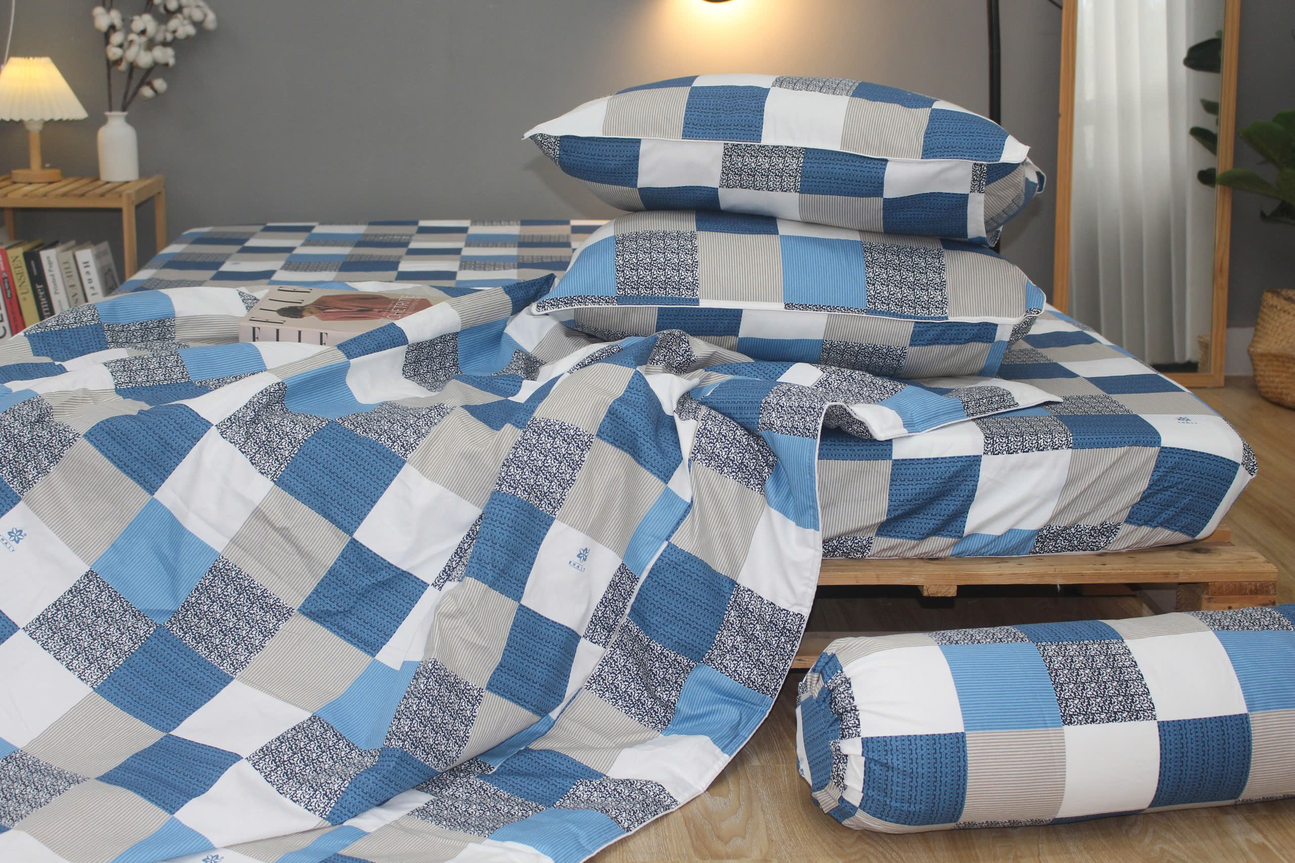 Bộ drap gối KHA LY - 100% cotton thiên nhiên Caro Xám