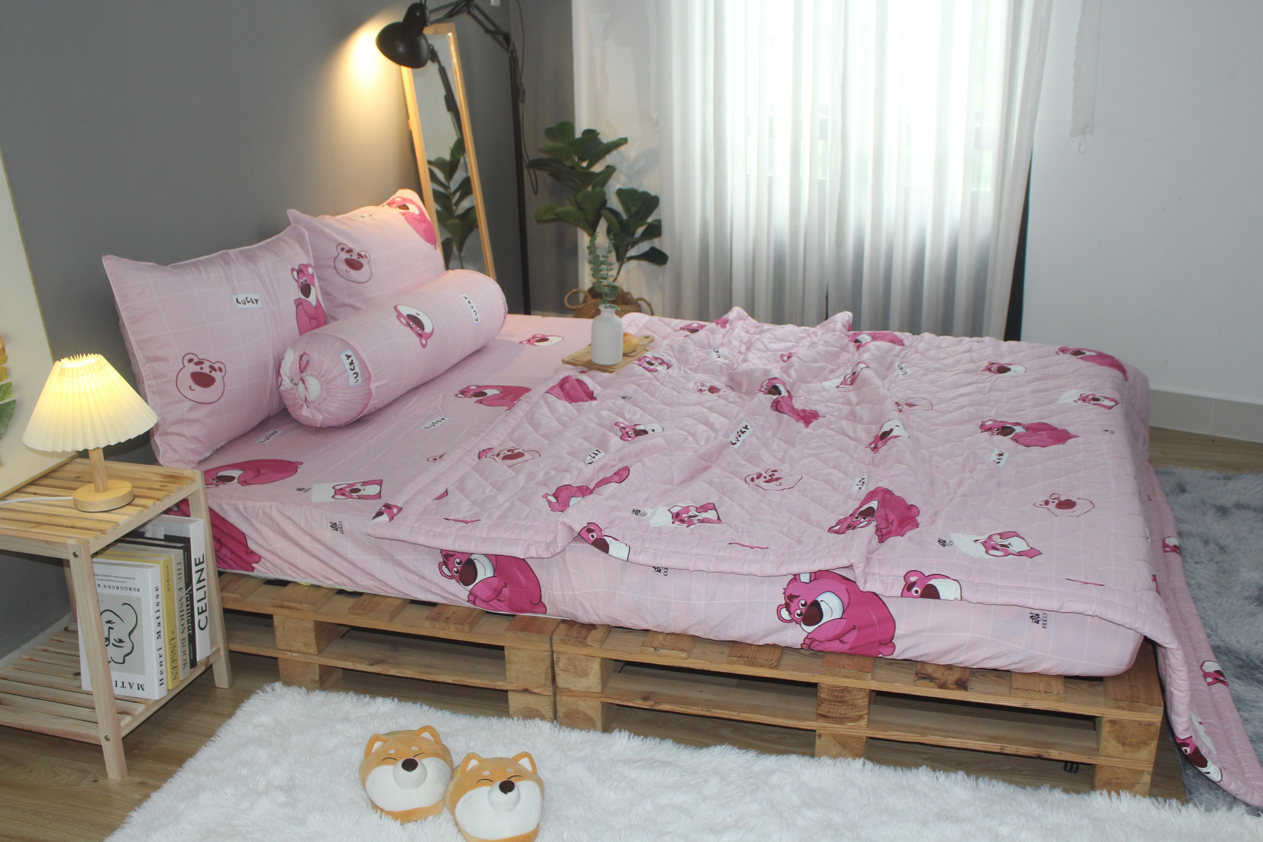 Bộ drap gối KHA LY - 100% cotton thiên nhiên  Lotso Hồng