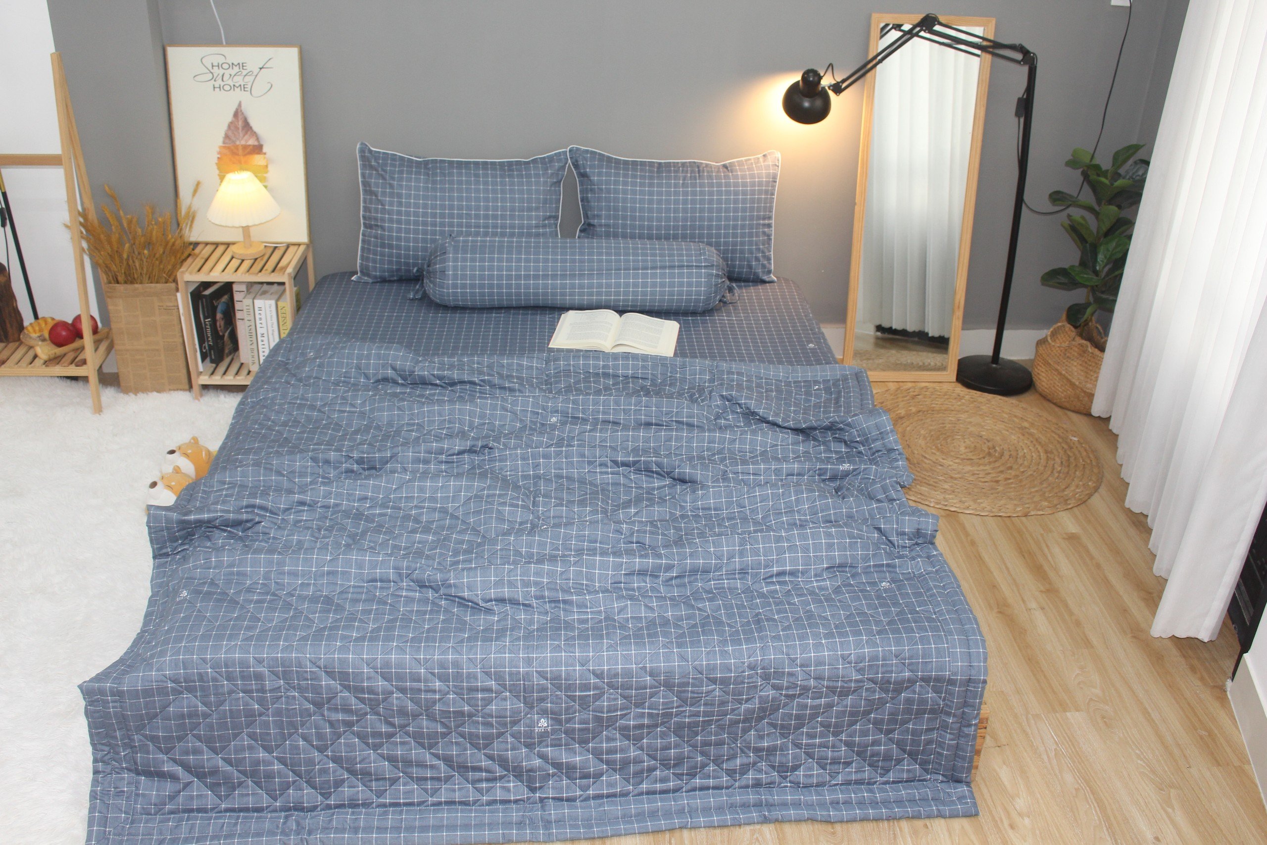 Bộ drap gối KHA LY - 100% cotton thiên nhiên Caro Xám
