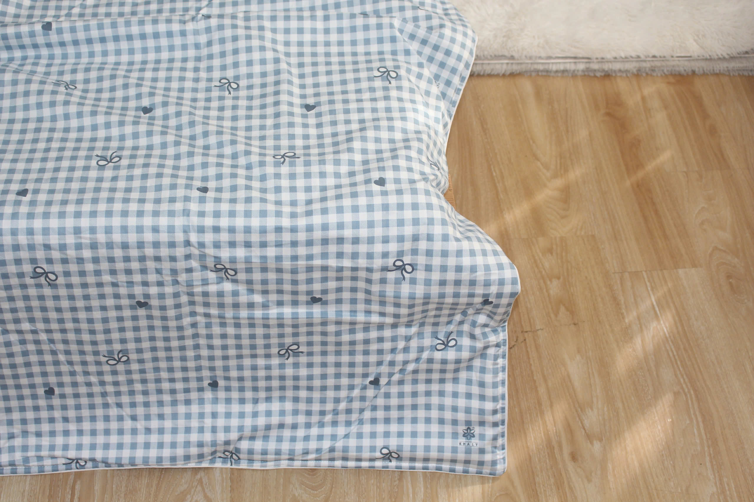 Bộ drap gối KHA LY - 100% cotton thiên nhiên Caro Nơ-Xanh Biển