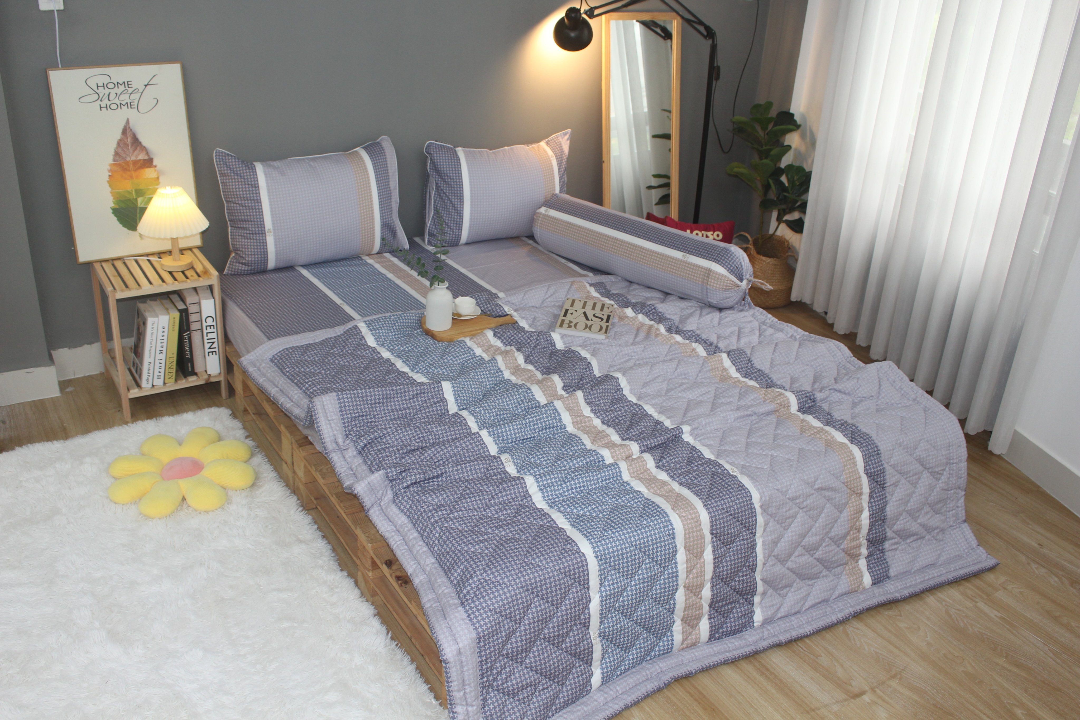 Bộ drap gối KHA LY - 100% cotton thiên nhiên Sọc Nhí-Xám