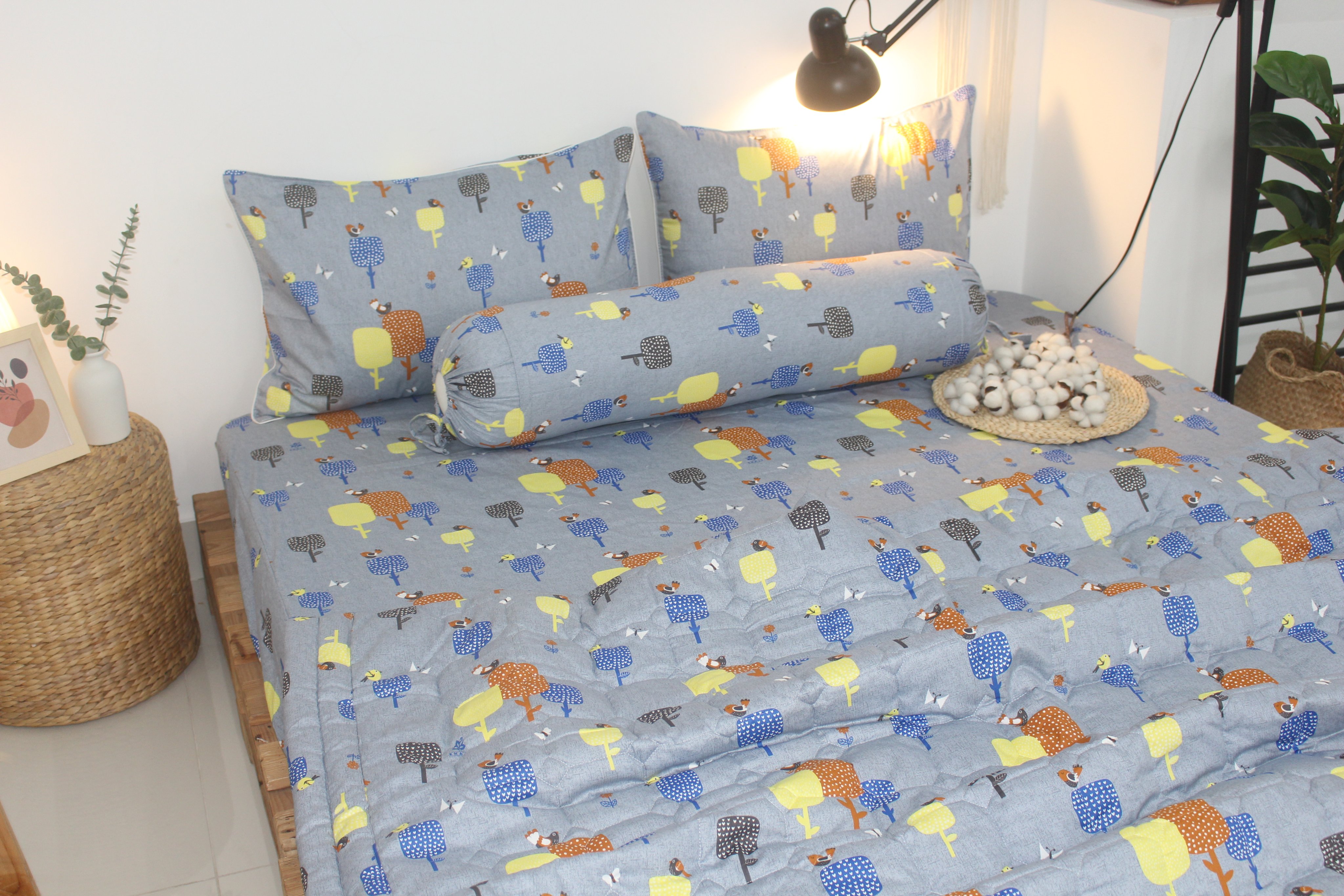 Bộ drap gối KHA LY - 100% cotton thiên nhiên Gardens-Xám