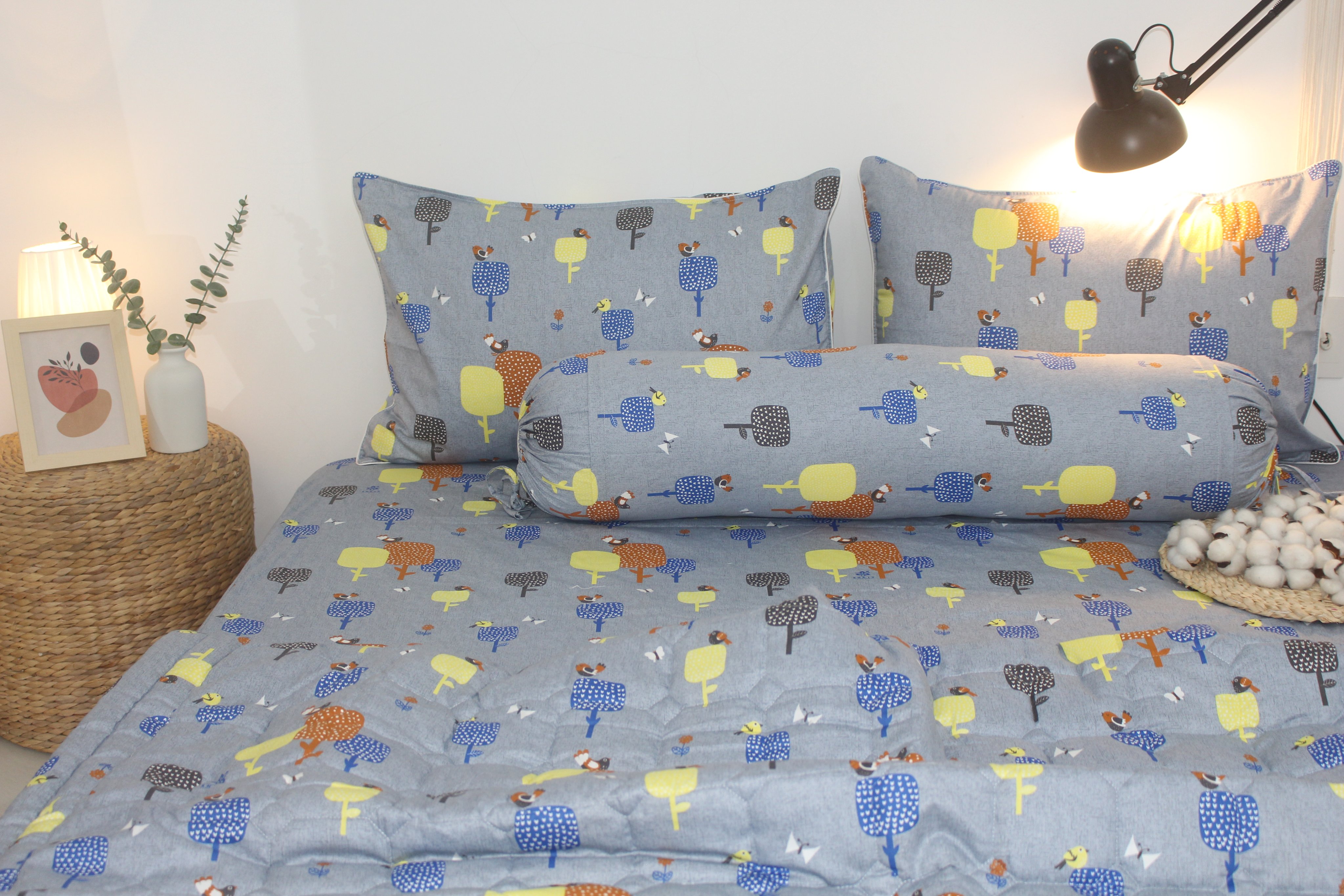 Bộ drap gối KHA LY - 100% cotton thiên nhiên Gardens-Xám