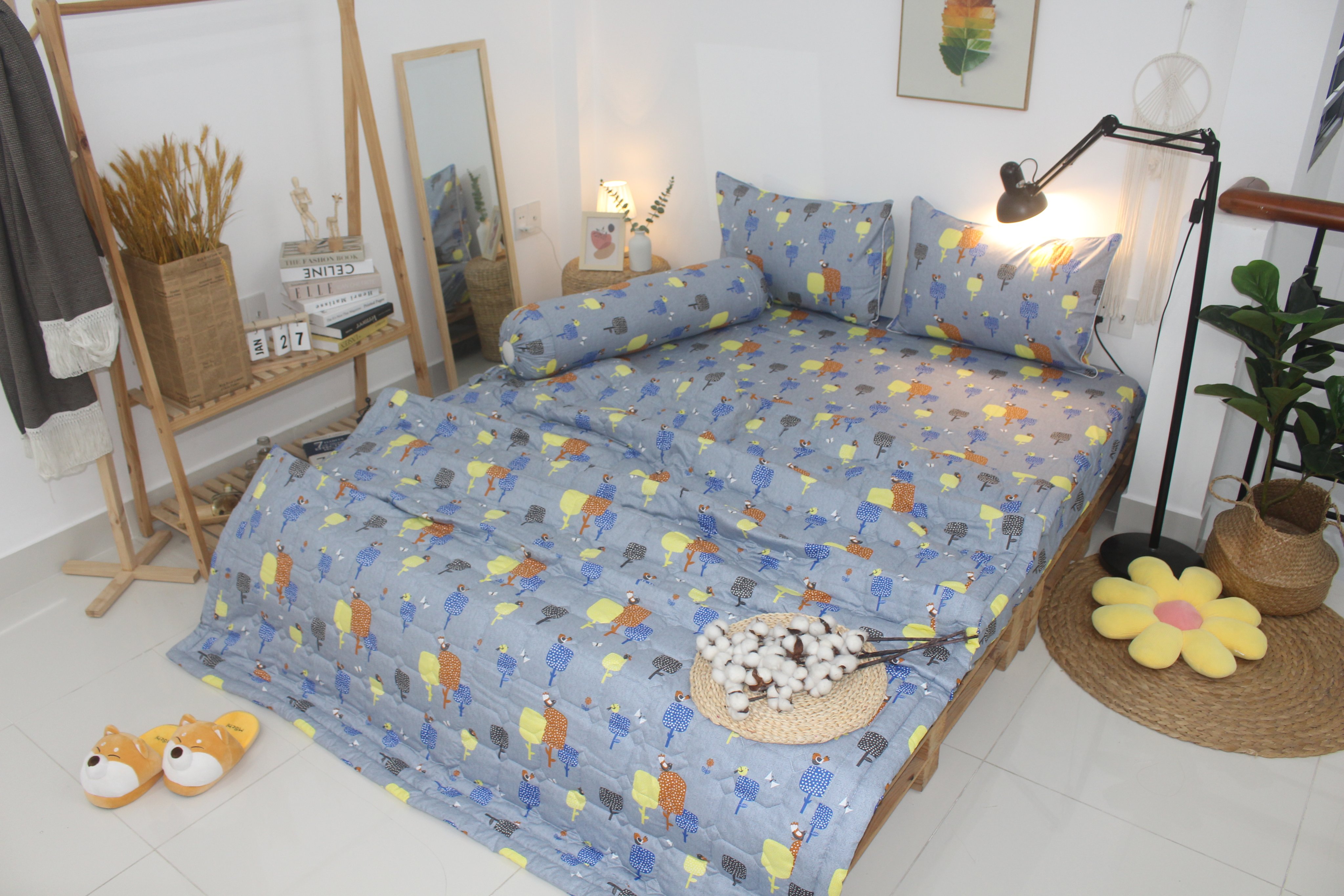 Bộ drap gối KHA LY - 100% cotton thiên nhiên Gardens-Xám