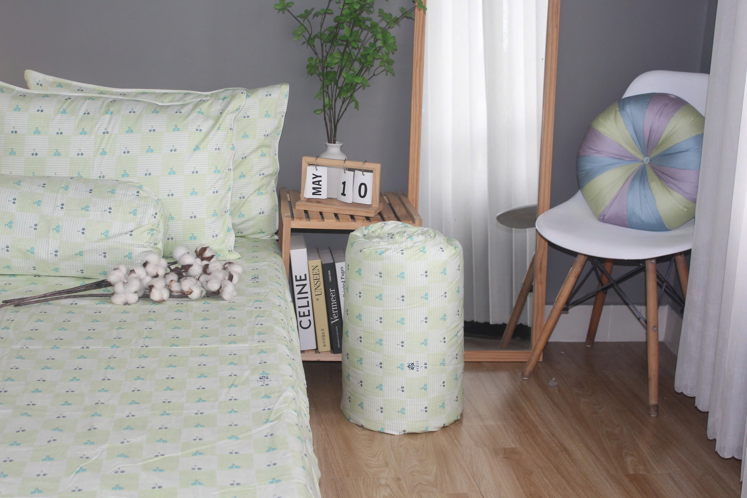 Bộ drap gối KHA LY - 100% cotton thiên nhiên Cherry Xanh Lá