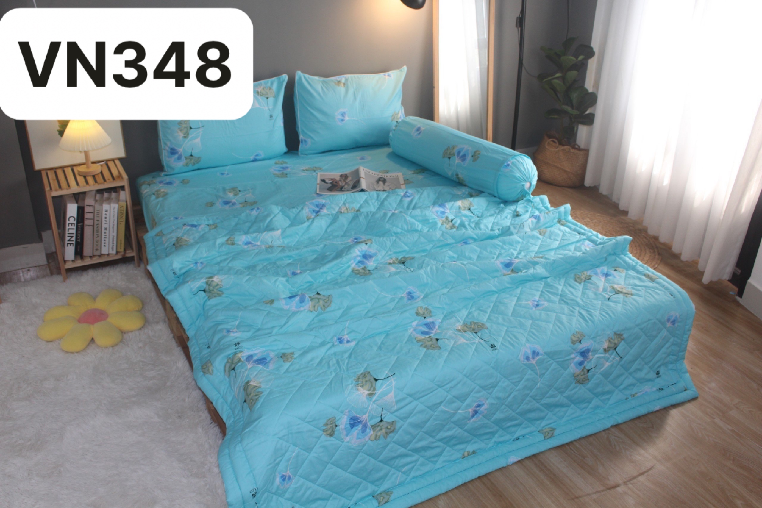 Bộ drap gối KHA LY - 100% cotton thiên nhiên Rau Má-Xanh Ngọc