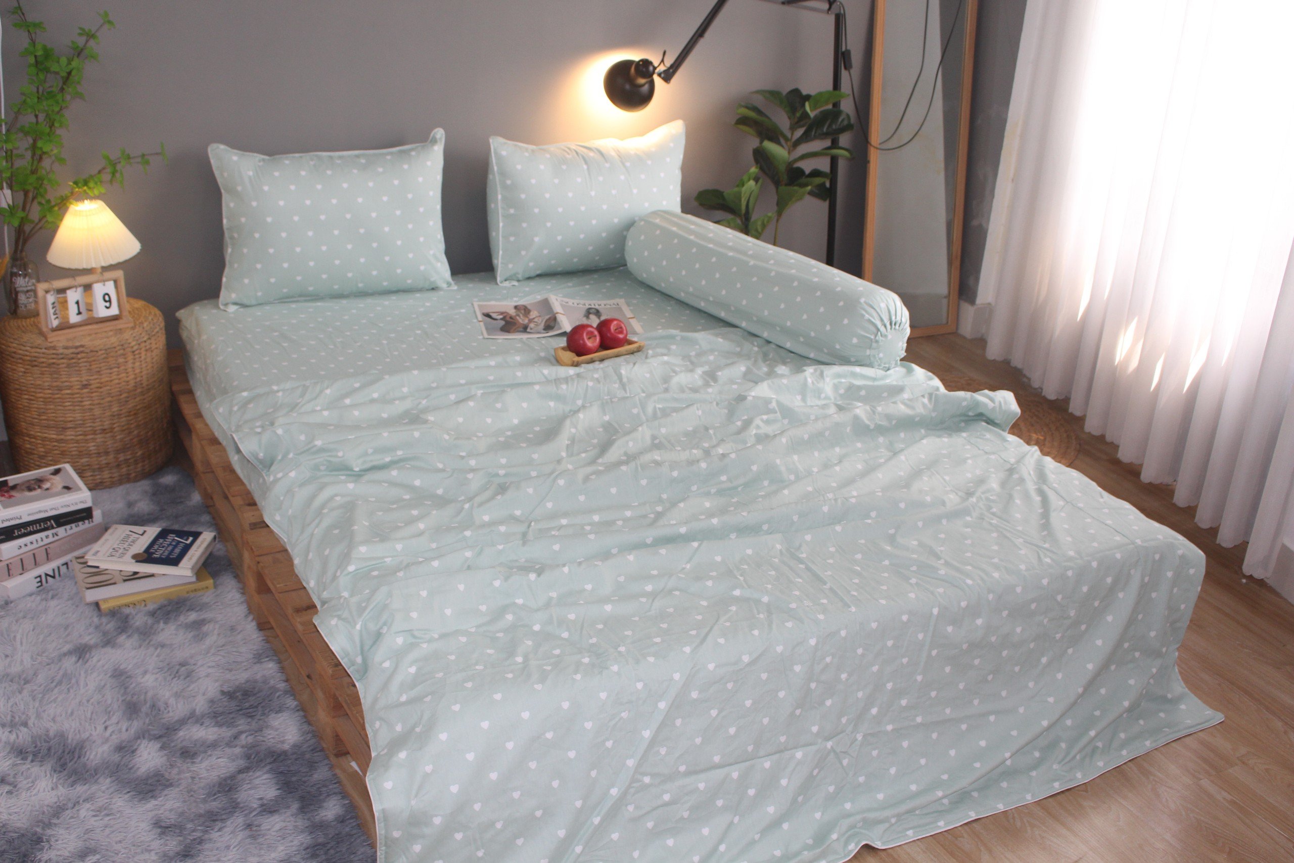 Bộ drap gối KHA LY - 100% cotton thiên nhiên Tim Nhỏ Xanh Mint
