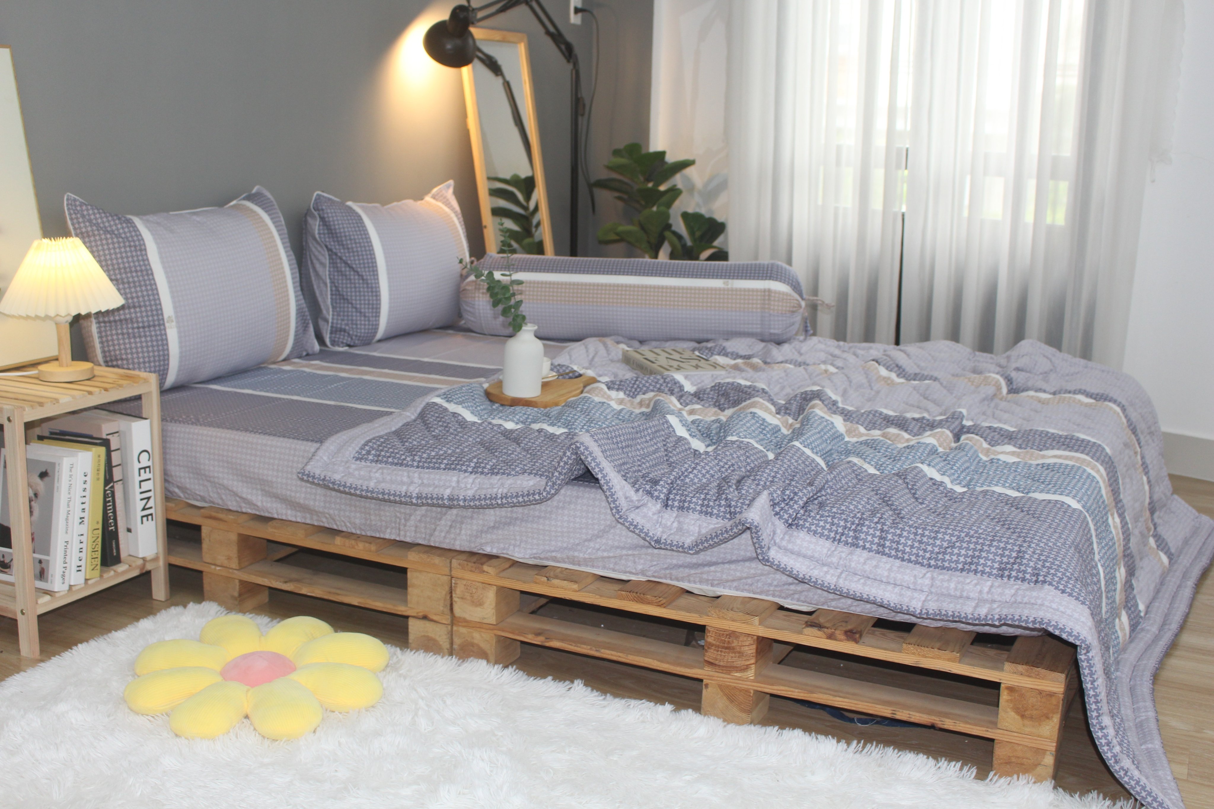 Bộ drap gối KHA LY - 100% cotton thiên nhiên Sọc Nhí-Xám