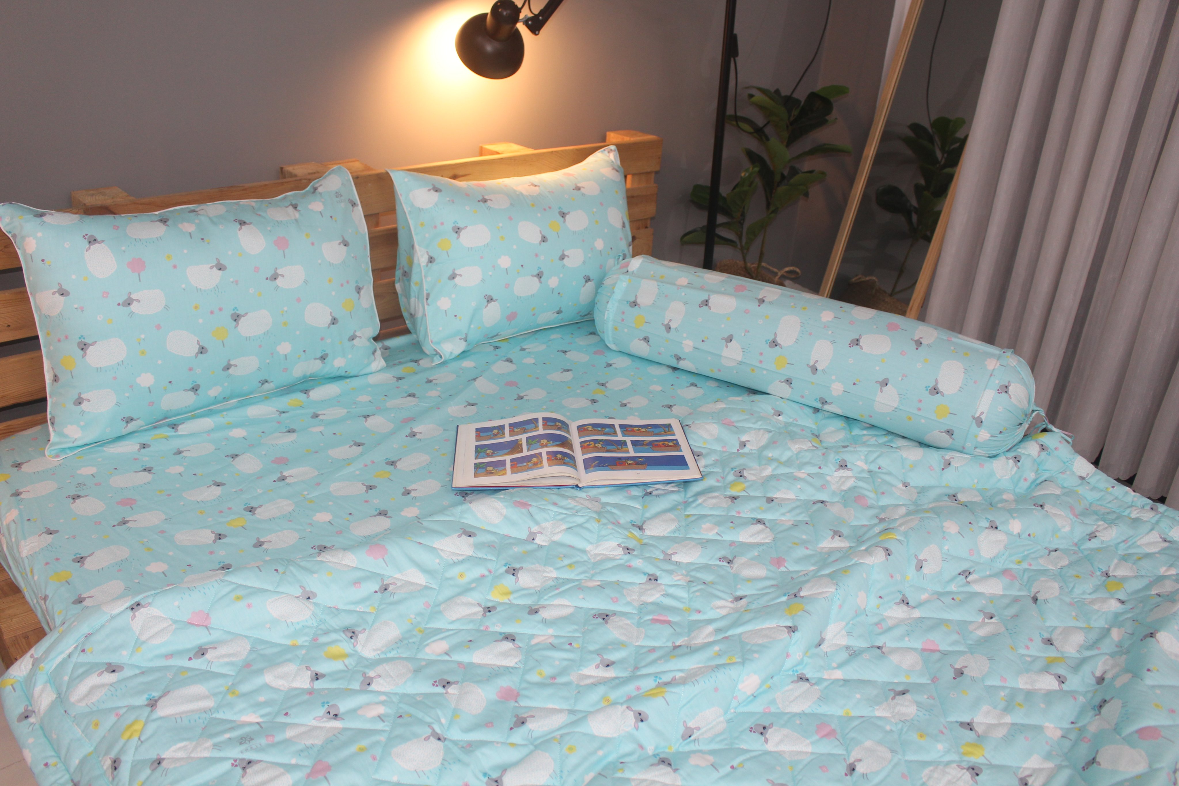 Bộ drap gối KHA LY - 100% cotton thiên nhiên  Cừu Xanh Ngọc