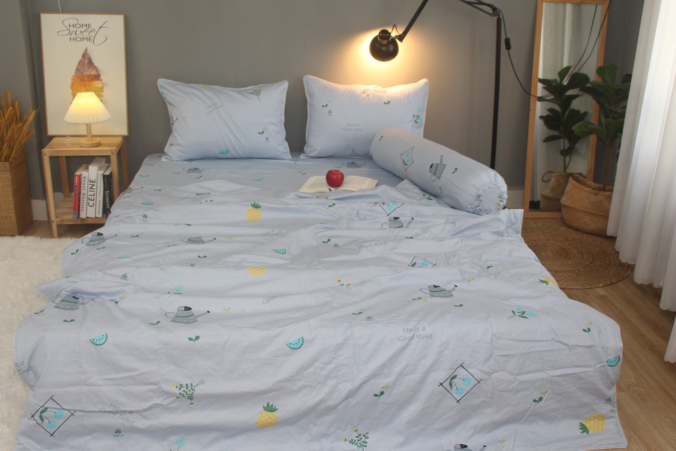 Bộ drap gối KHA LY - 100% cotton thiên nhiên - Vườn Xám