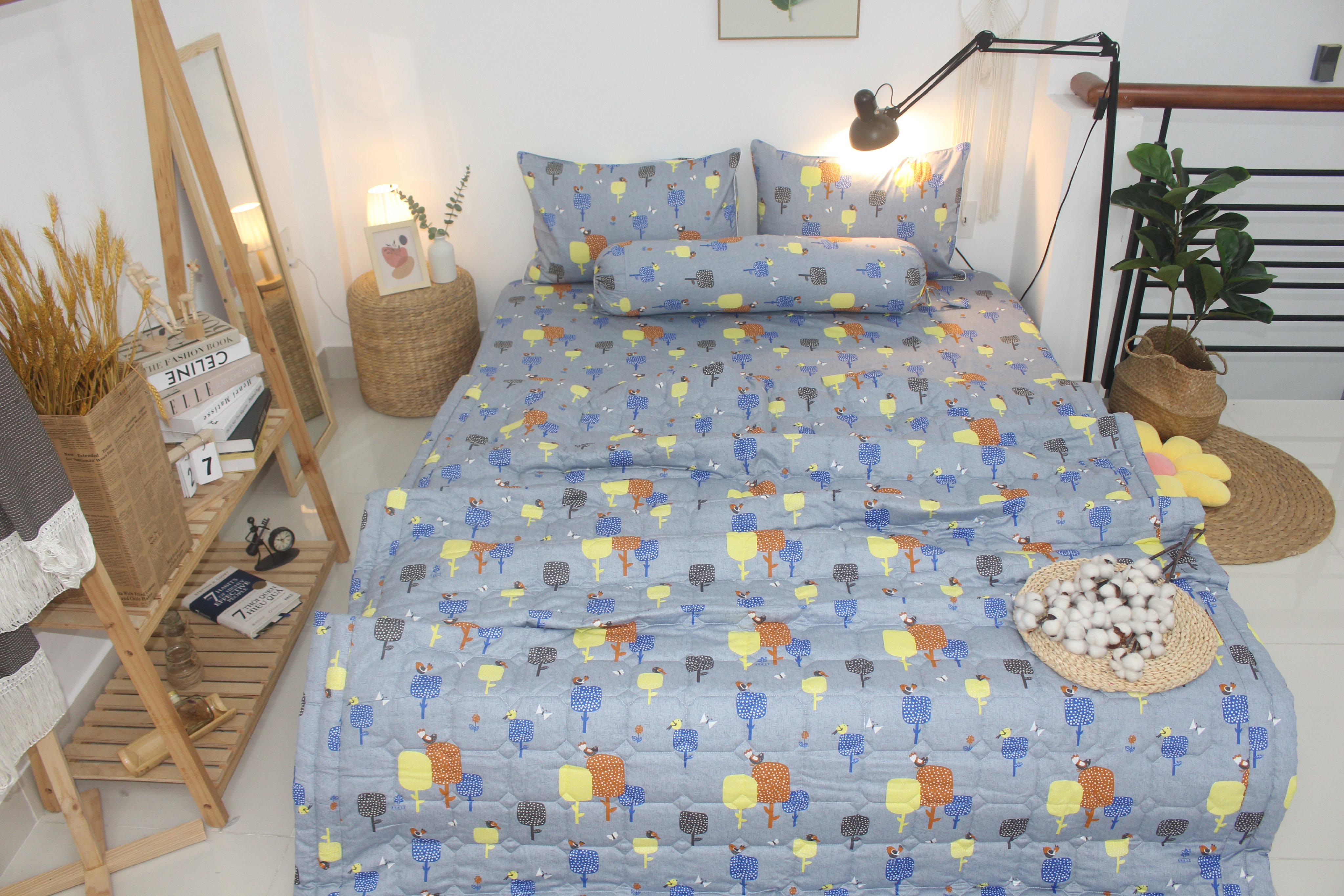 Bộ drap gối KHA LY - 100% cotton thiên nhiên Gardens-Xám