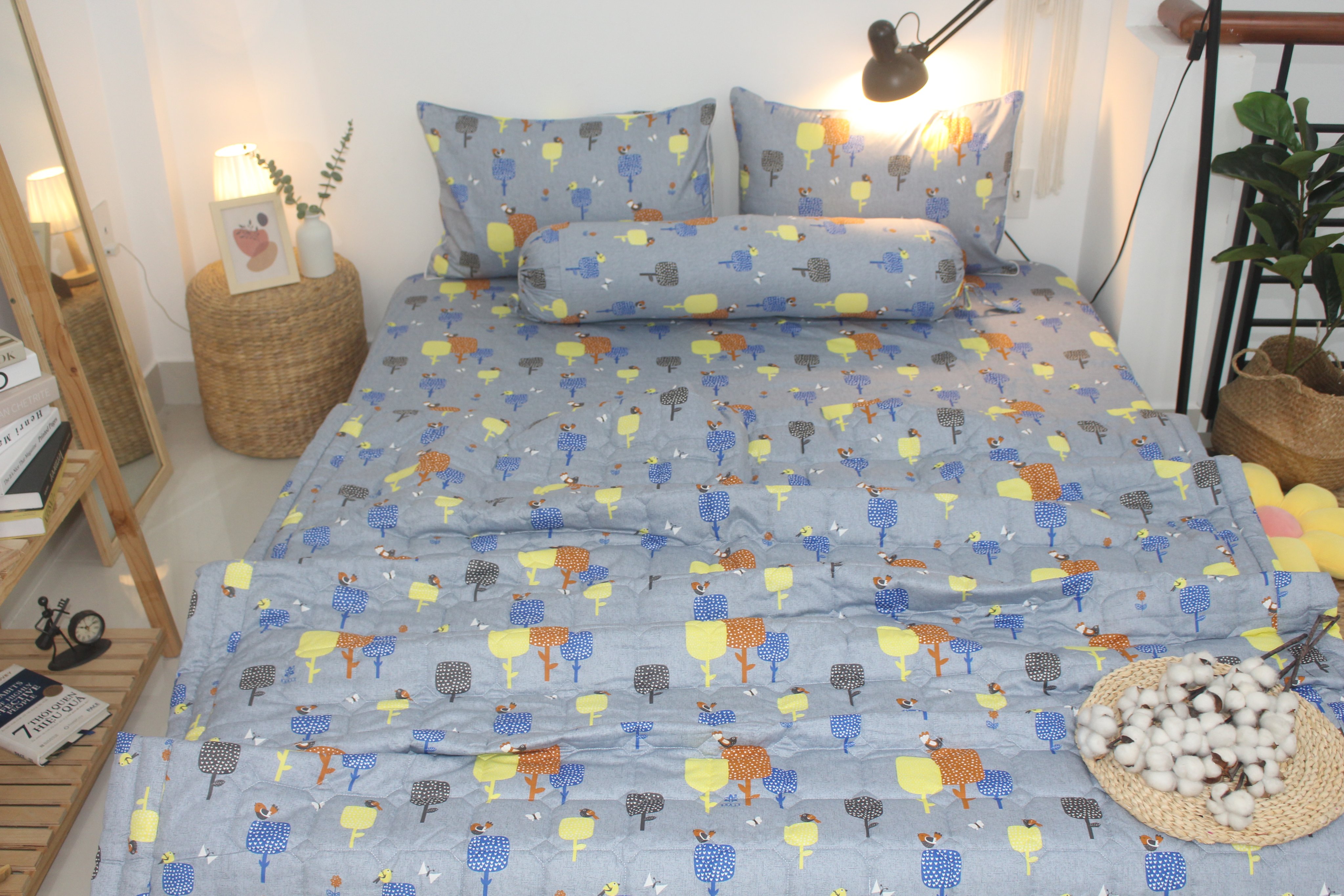 Bộ drap gối KHA LY - 100% cotton thiên nhiên Gardens-Xám