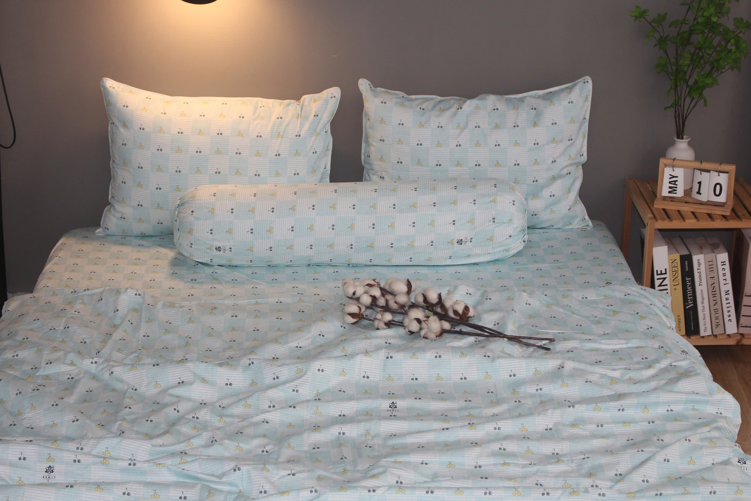 Bộ drap gối KHA LY - 100% cotton thiên nhiên Cherry Ngọc
