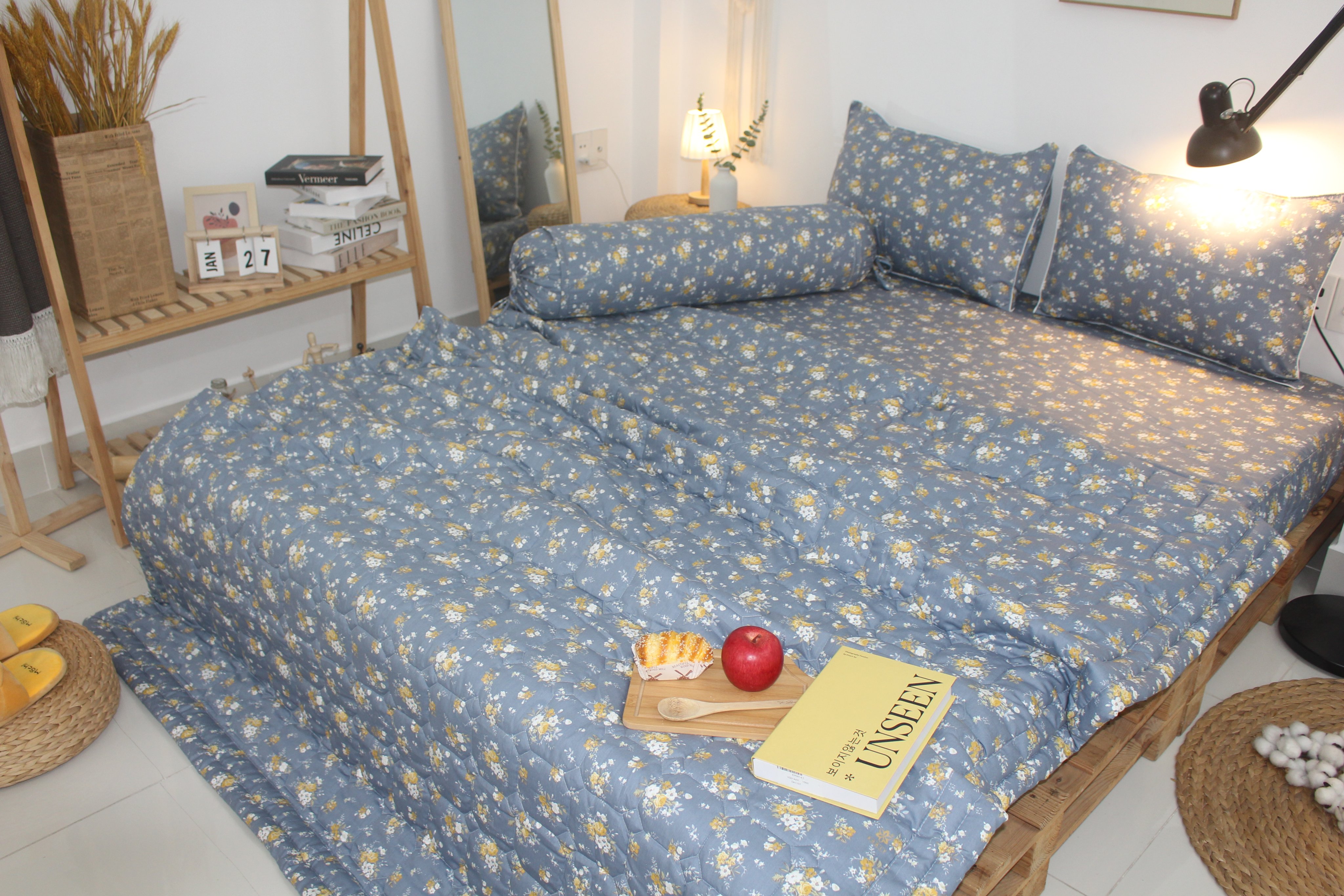 Bộ drap gối KHA LY - 100% cotton thiên nhiên Nhí Xám Xanh