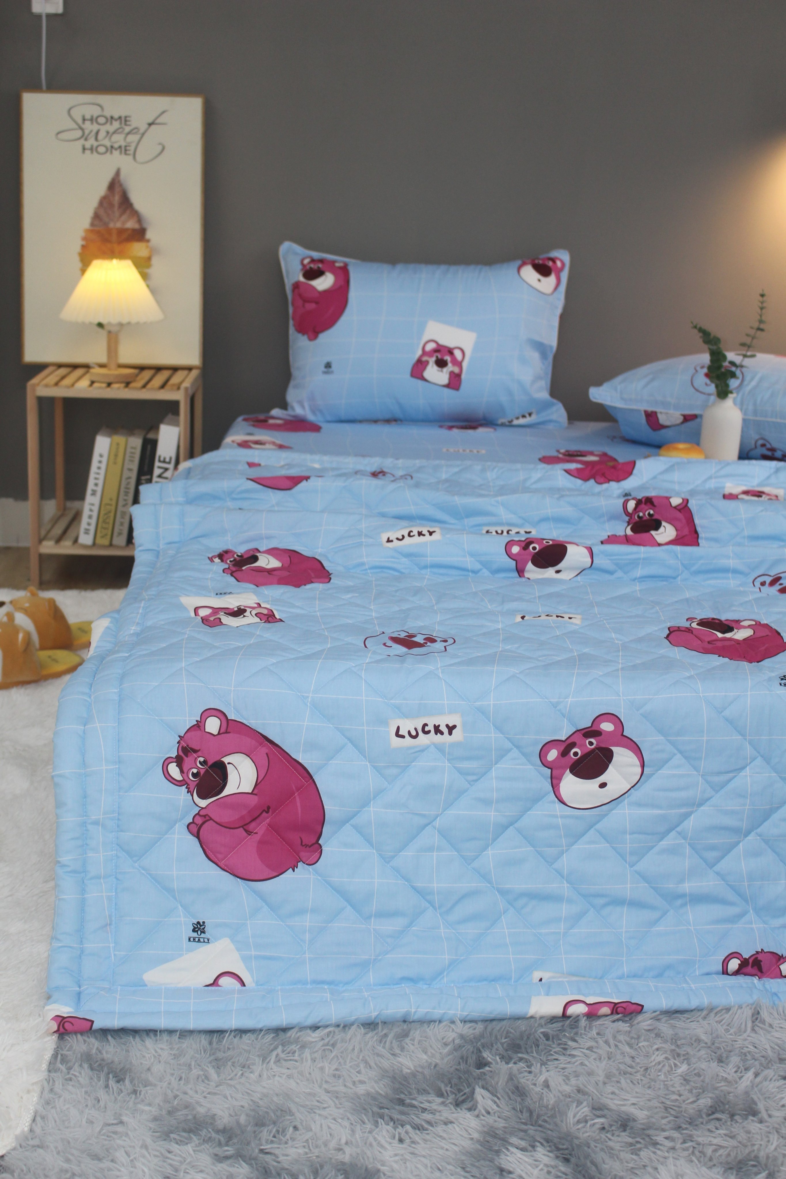 Bộ drap gối KHA LY - 100% cotton thiên nhiên  Lotso Xanh